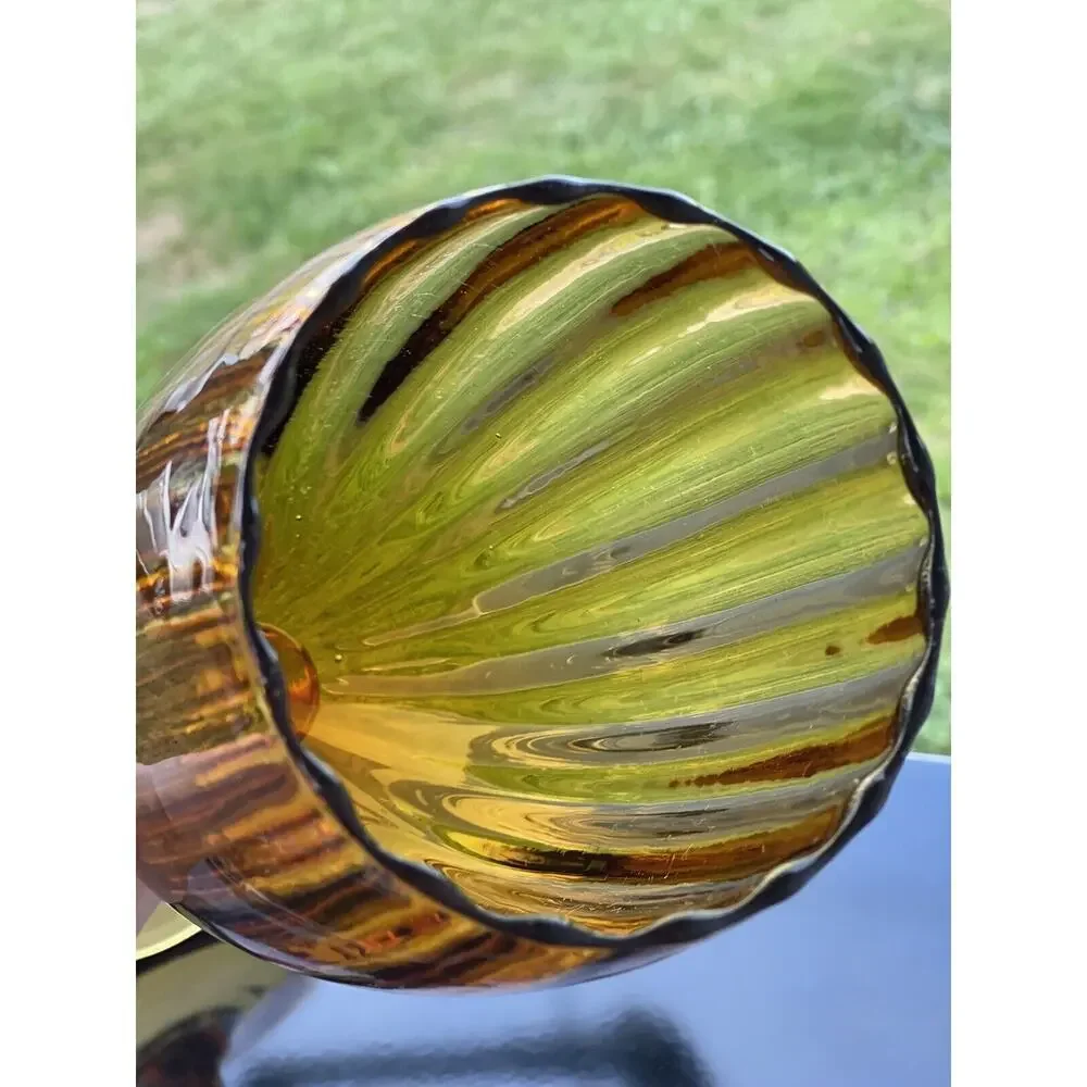 Vintage Empoli Amber Italian Tall Art Glass Optic LONG Stem Compote Vase Snifter